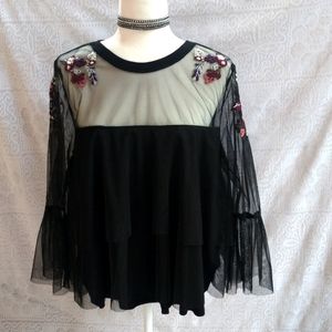 Willow & Clay Layered Black Tulle Goth Vampirecore Bell Sleeve Top